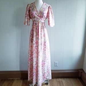 1970s Unlabeled Pastel Floral Poly Maxi Dress